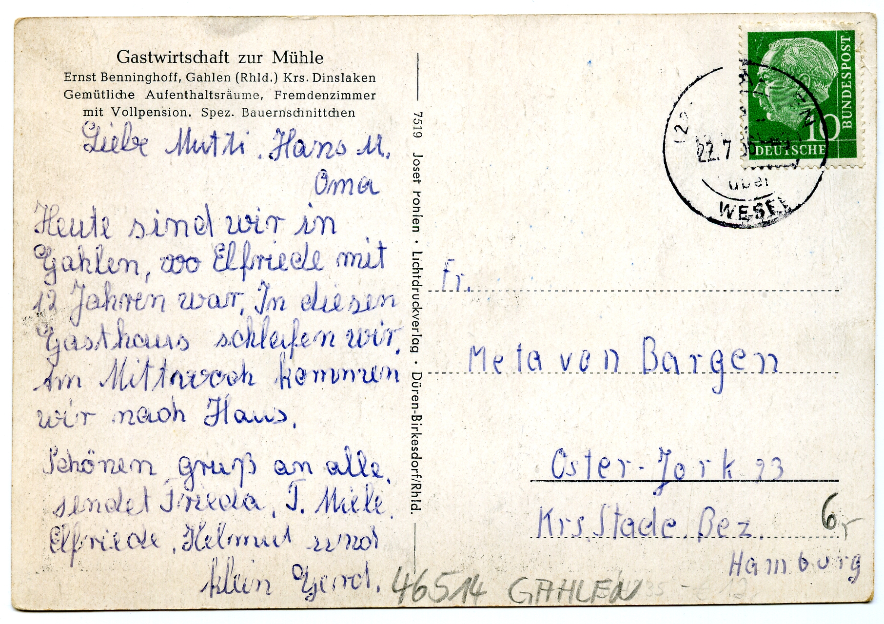 Postkarte Gahlen 1956 -Rückseite-